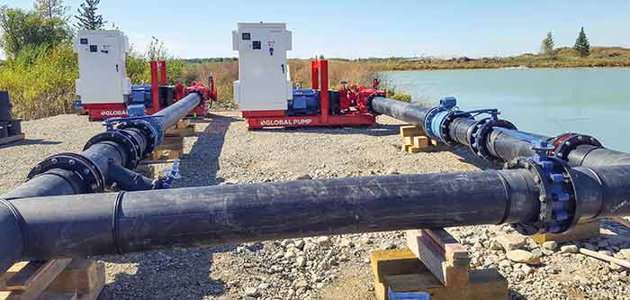Image 1. Electrical pumping system set up for gravel pit/quarry dewatering (Images courtesy of Global Pump)