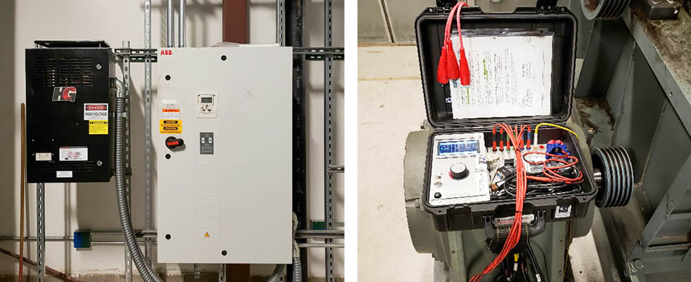 Variable frequency drive (left) and motor test set inside motor room behind pressure doors (right)