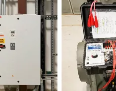Variable frequency drive (left) and motor test set inside motor room behind pressure doors (right)